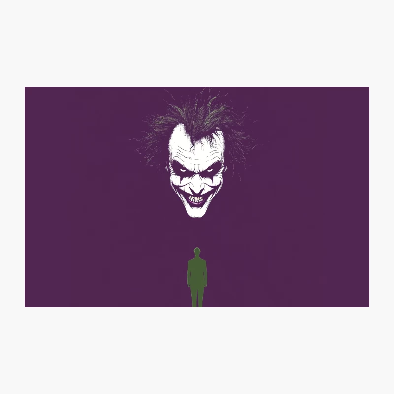 Ominous Joker Face Looms Over Silhouette on Purple Background Travel Mug
