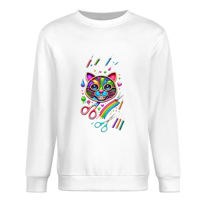 Rainbow Pop Art Cat with Creative Art Supplies Male Pullover Sweatshirt