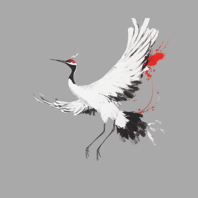 Minimalist Japanese-Style Ink Painting of Crane with Red Splash Male Pullover Hoodie