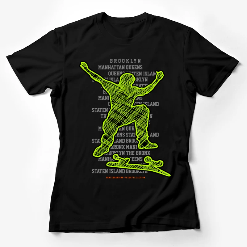 Skateboarder-Silhouette mit Stadttext Damen T-Shirt