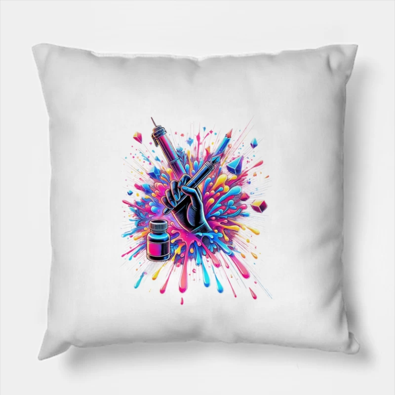 Artistic Medical Syringe with Vibrant Color Explosion Throw Pillow