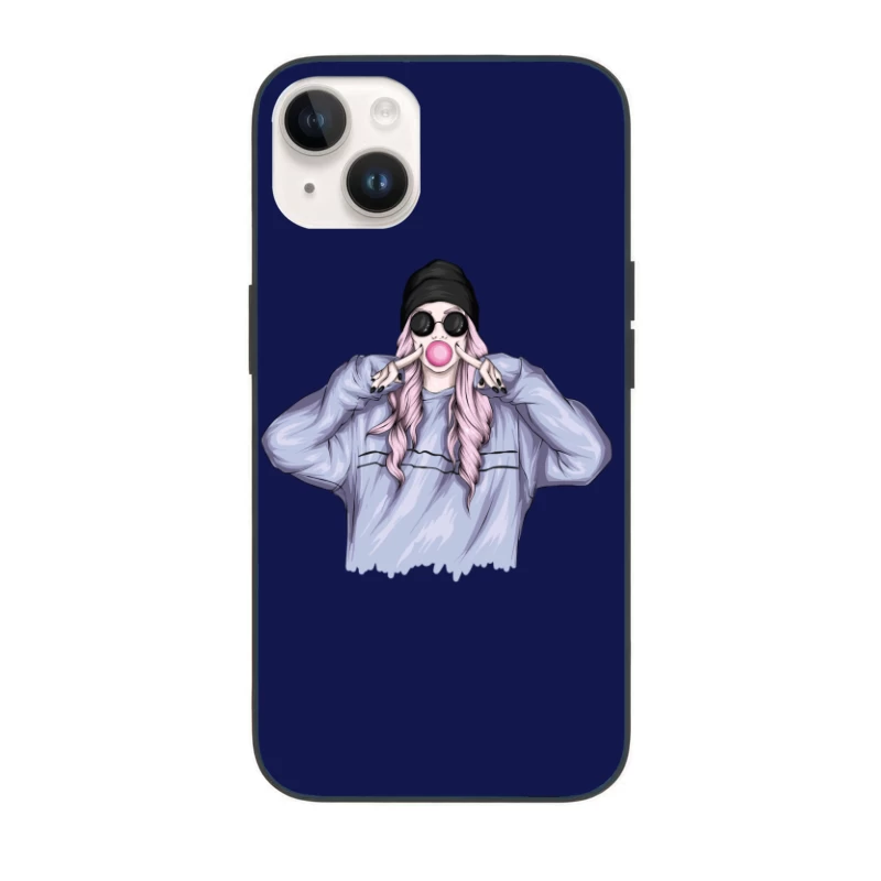 Playful Girl with Bubble Gum in Casual Outfit iPhone Case