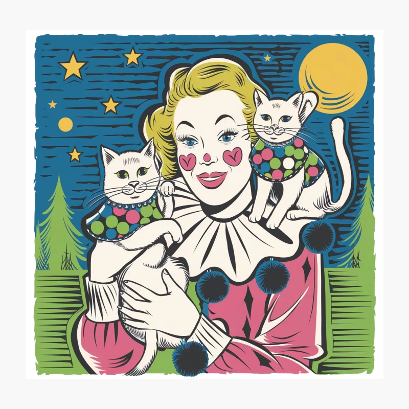 Vintage Retro Illustration: Woman and Cats Under Starry Night Throw Pillow