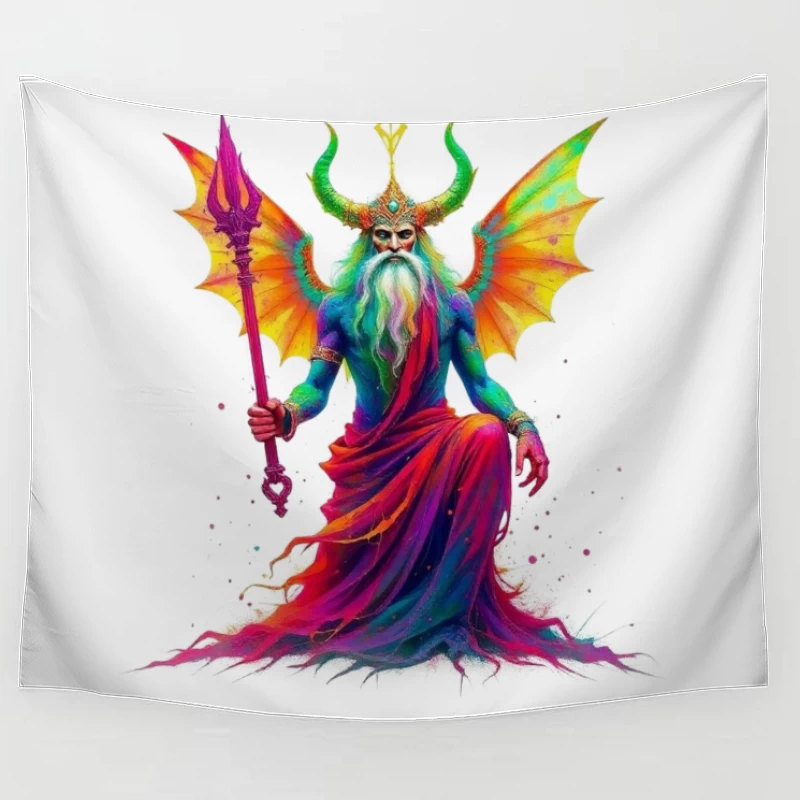 Rainbow-Hued Horned Deity with Dragon Wings Tapestry