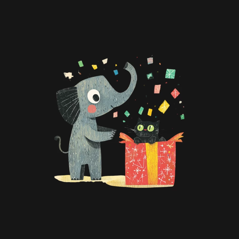 Cute Elephant and Cat Christmas Present Celebration Illustration Female Long Sleeve T-Shirt