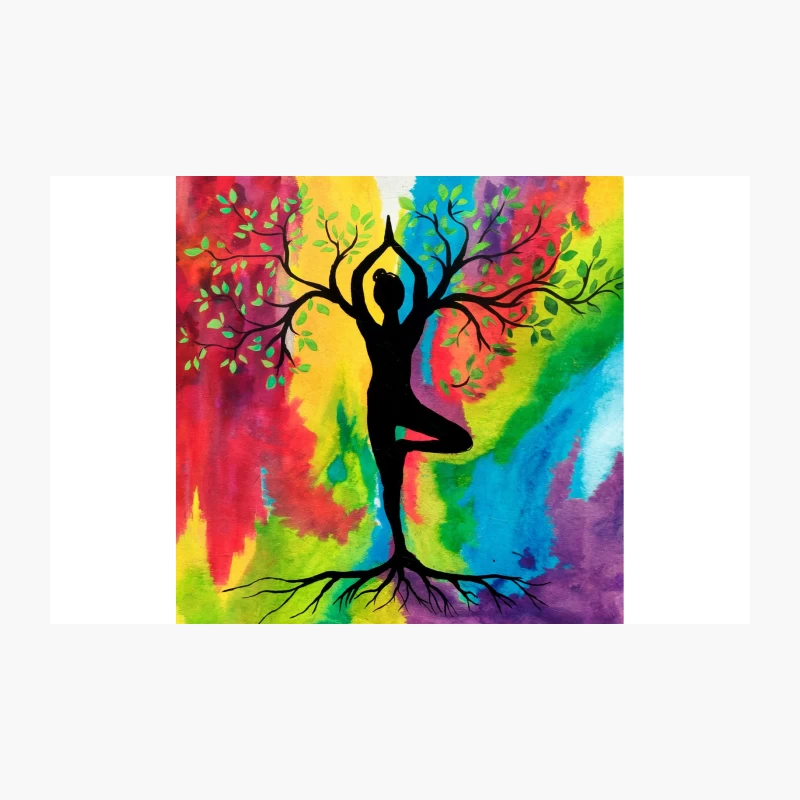 Vibrant Yoga Tree: A Spiritual Silhouette in Nature's Colorful Embrace Travel Mug