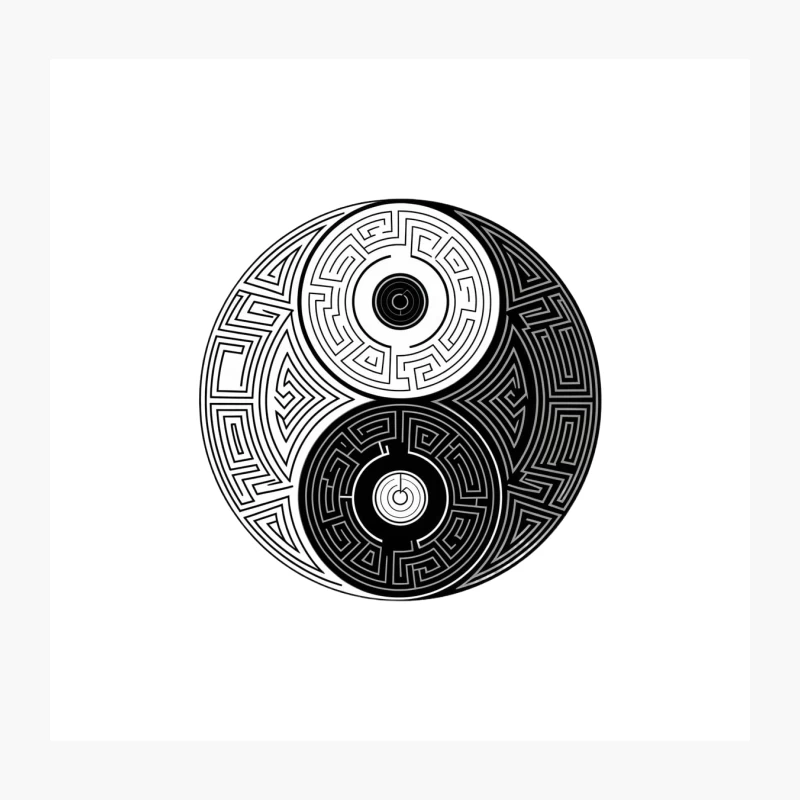Intricate Yin Yang Maze Symbol: Balancing Geometry in Black and White Throw Pillow