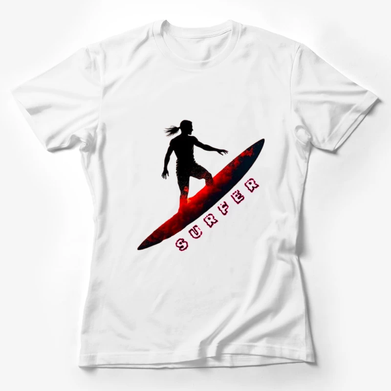 Dynamic Surfer Silhouette with Red Wave Effect Female T-Shirt