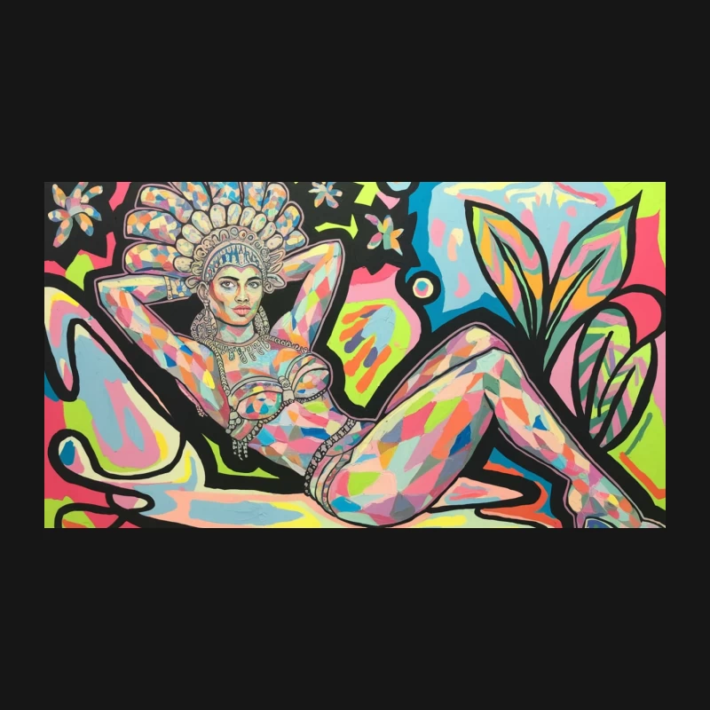 Vibrant Abstract Figure with Headdress in Pop Art Style Desk Mat