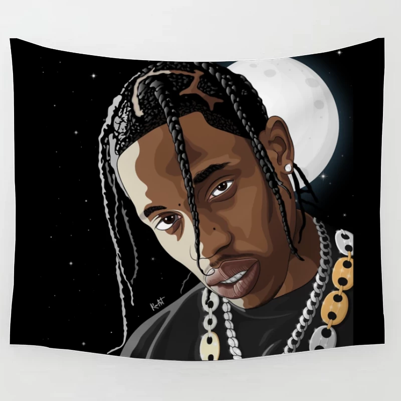 Artistic Digital Portrait with Moon Background Tapestry