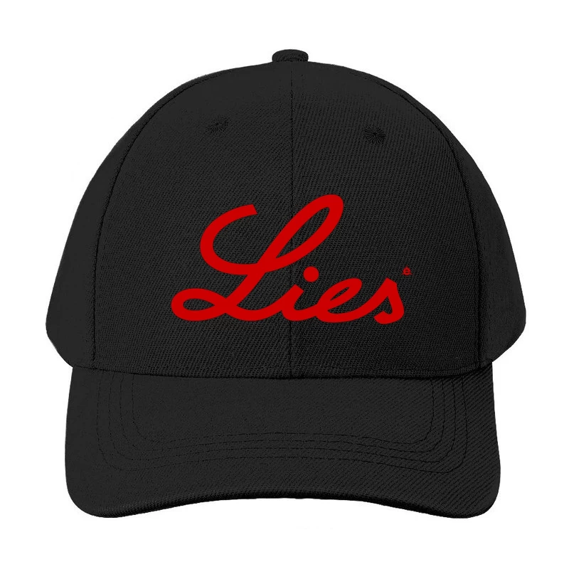 Red Cursive "Lies" Typography Logo Baseball Cap