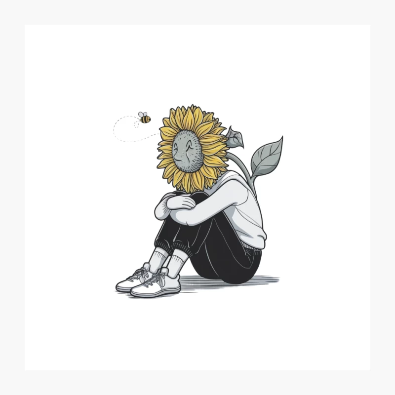 Surreal Sunflower-Headed Figure in Contemplative Pose Pin