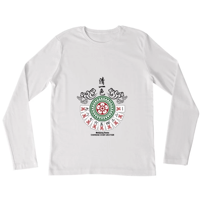 Mahjong-Kunstwerk mit Blumen- und Zahlensteine Damen Langarm T-Shirt