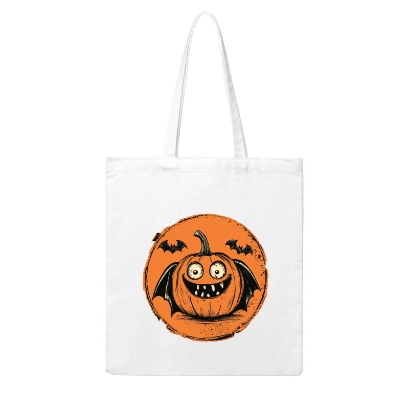 Vintage Halloween Cartoon: Spooky Pumpkin with Bats Cotton Tote Bag