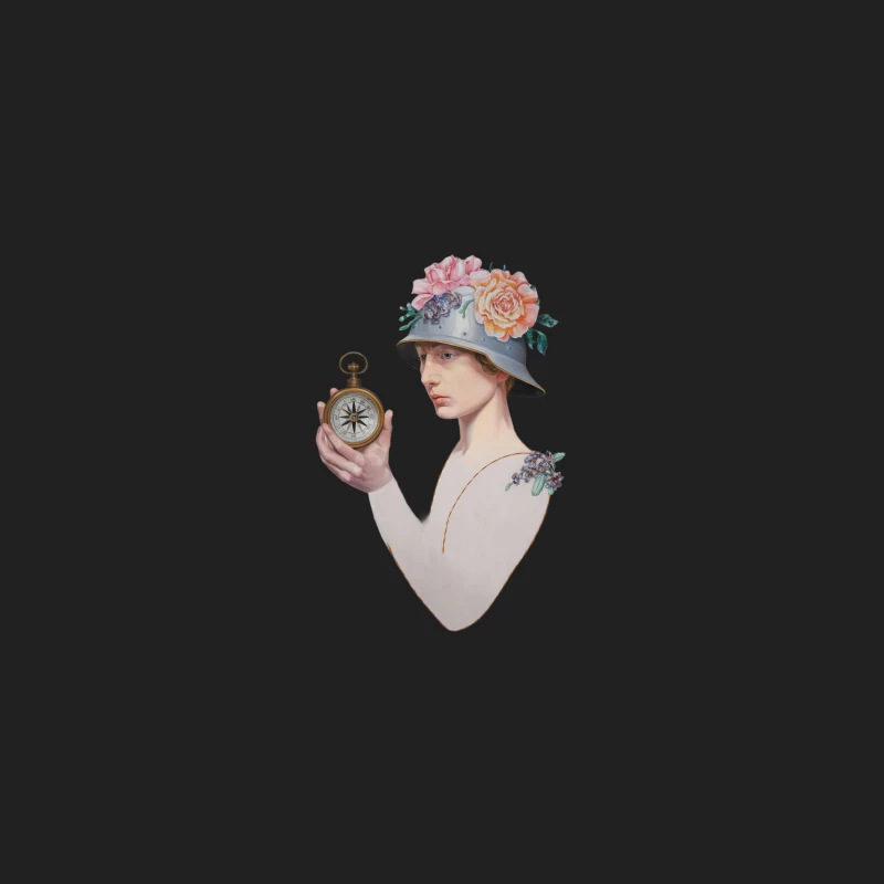 Surreal Vintage Portrait with Floral Hat and Compass Bucket Hat