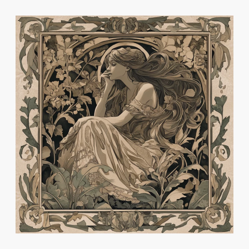 Art Nouveau Floral Portrait: Ornate Monochrome Illustration Pin
