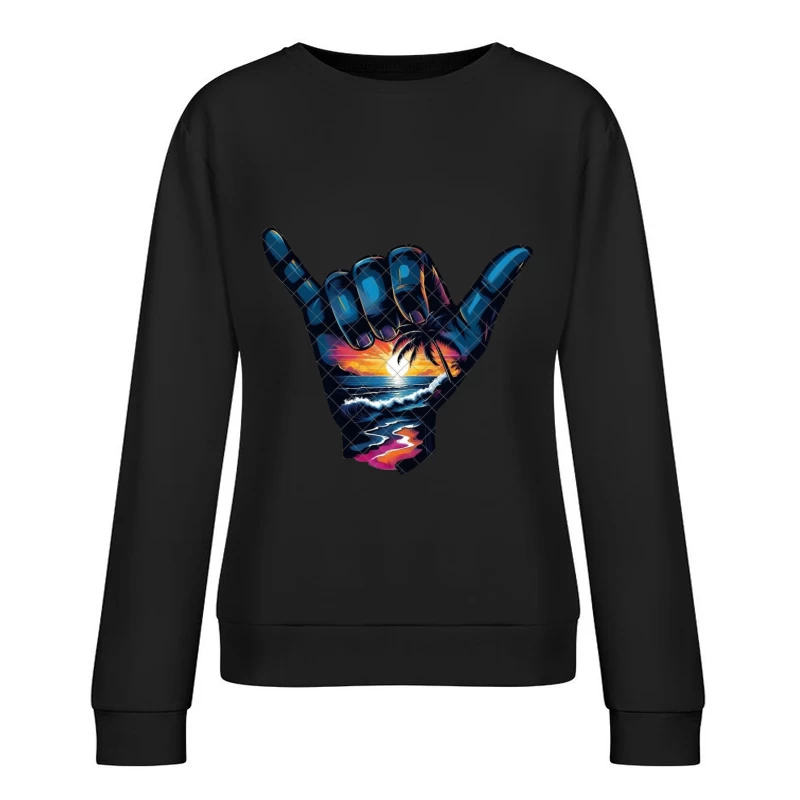 Shaka Sign with Tropical Sunset and Ocean Scene Female Pullover Sweatshirt