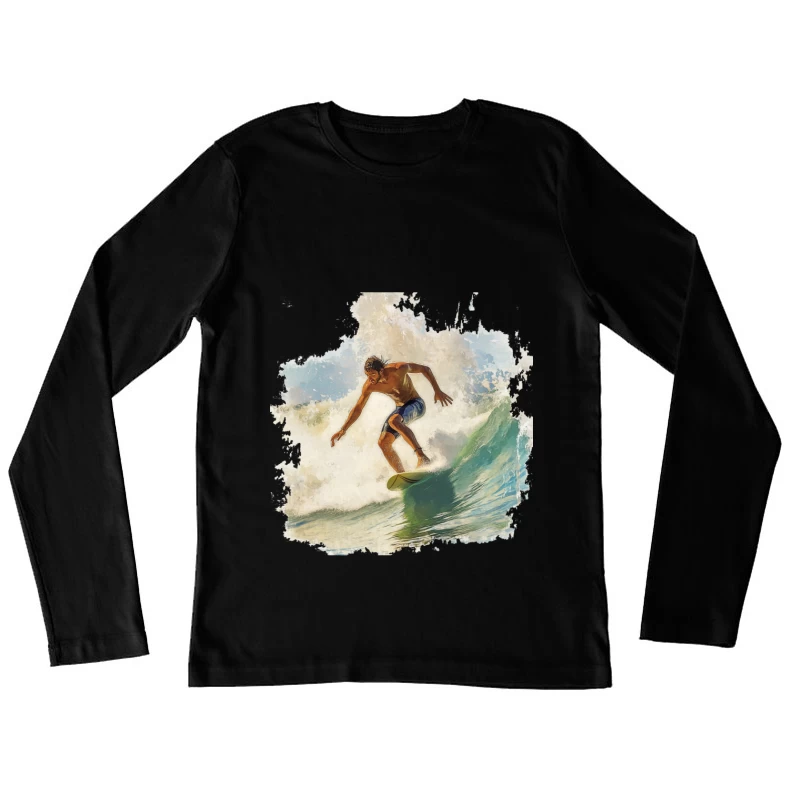 Dynamic Watercolor Surfer Riding Turquoise Wave Female Long Sleeve T-Shirt