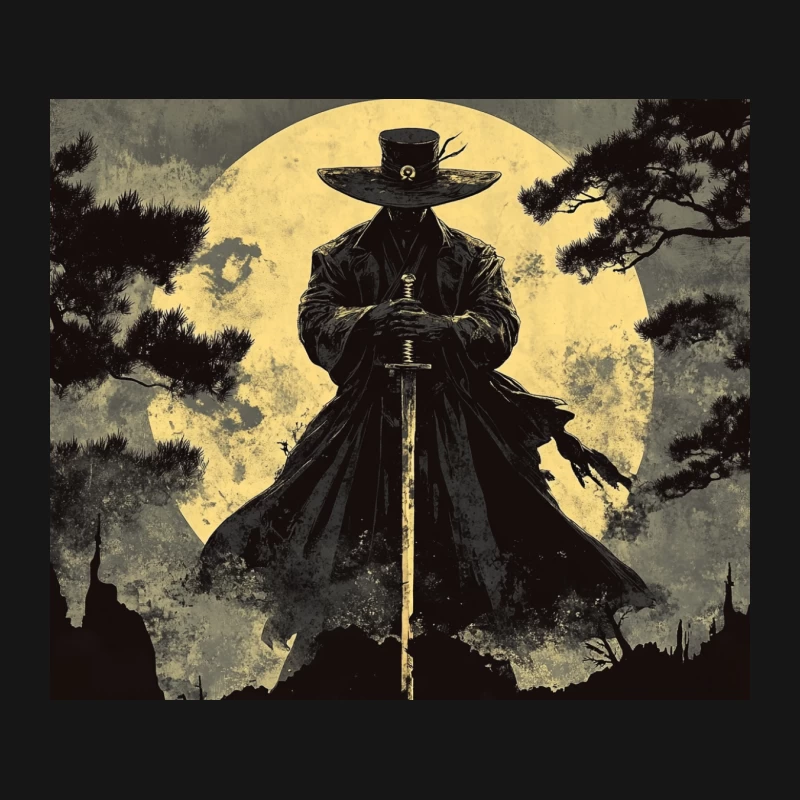 Ominous Samurai Silhouette Under Full Moon Mouse Pad