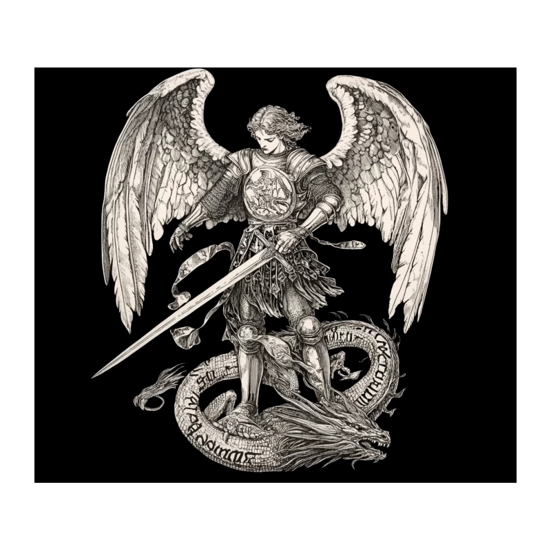 Angelic Warrior Battling Dragon: Medieval Fantasy Illustration Tapestry