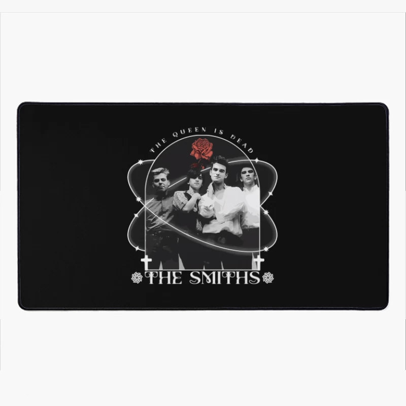 The Smiths - Vintage Black and White Band Portrait with Red Rose Desk Mat