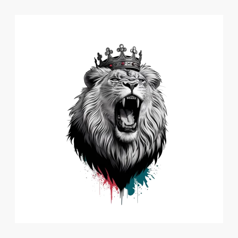Crowned Lion's Roar: A Majestic Black and White Portrait with Colorful Accents Pin
