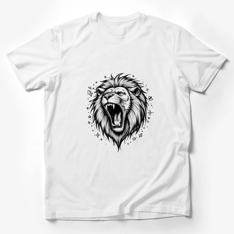 Detailed Roaring Lion Illustration in Black and White Male T-Shirt