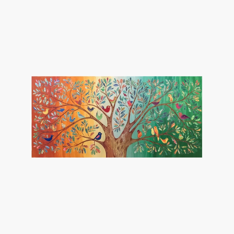 Vibrant Tree of Life: A Colorful Seasonal Artwork with Whimsical Birds Cotton Tote Bag