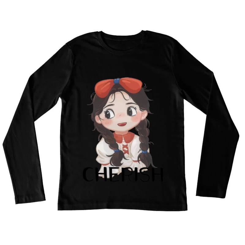 Niedliches Mädchen mit Zöpfen und Schleife Damen Langarm T-Shirt