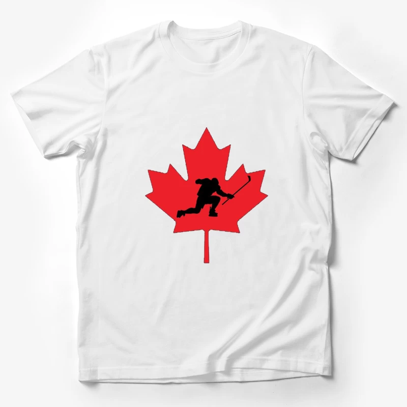 Canadian Hockey Player Silhouette on Red Maple Leaf Male T-Shirt