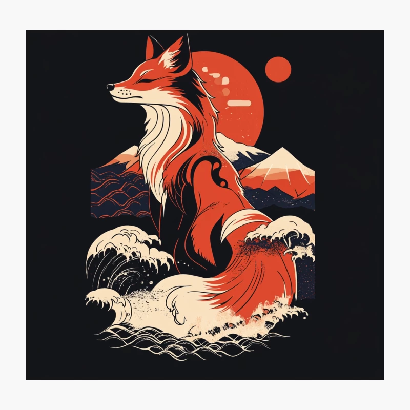 Stylized Fox in Japanese Landscape Throw Pillow