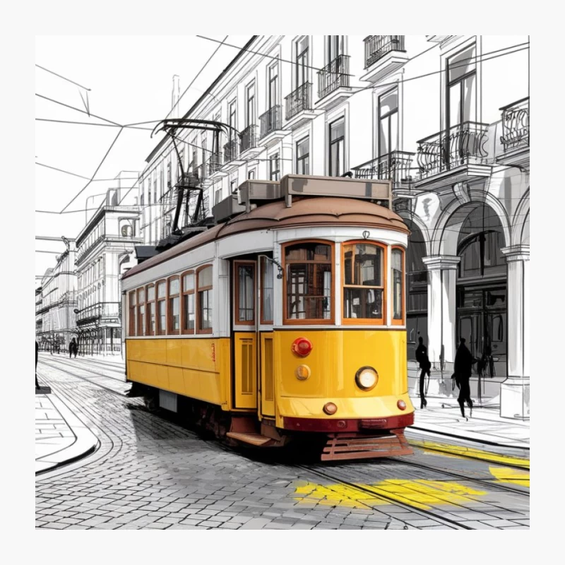 Vintage Yellow Tram on Sketched Urban Street Pin