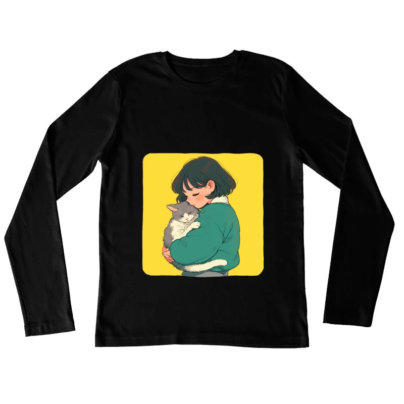 Gentle Embrace: Girl in Green Cuddling Gray Cat Female Long Sleeve T-Shirt