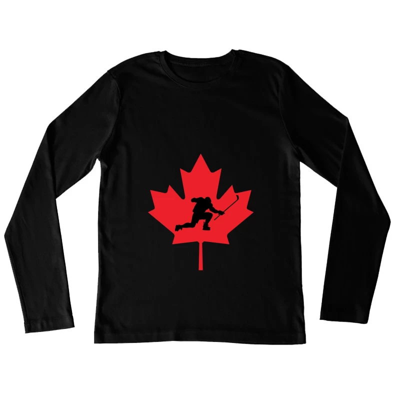 Canadian Hockey Player Silhouette on Red Maple Leaf Female Long Sleeve T-Shirt