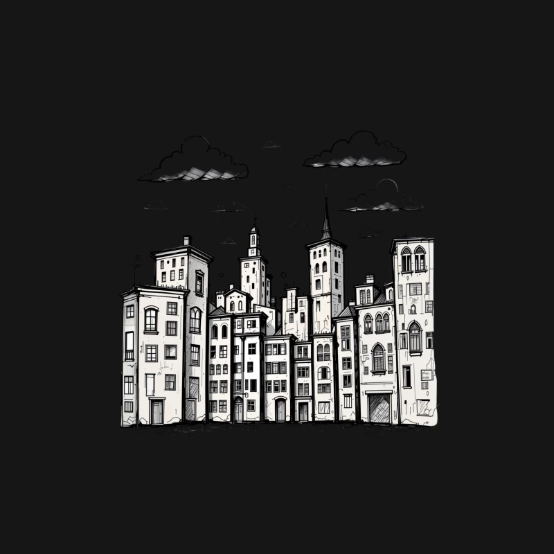 Stylized Black and White Cityscape Illustration Female Long Sleeve T-Shirt