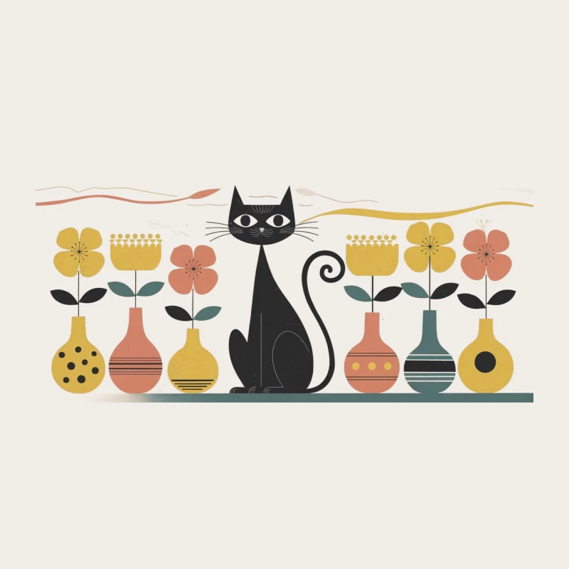 Retro Cat and Floral Vase Illustration in Scandinavian Style Bucket Hat