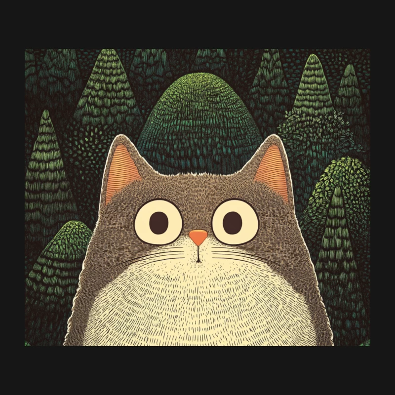 Wide-Eyed Cat in Stylized Forest Illustration Mouse Pad