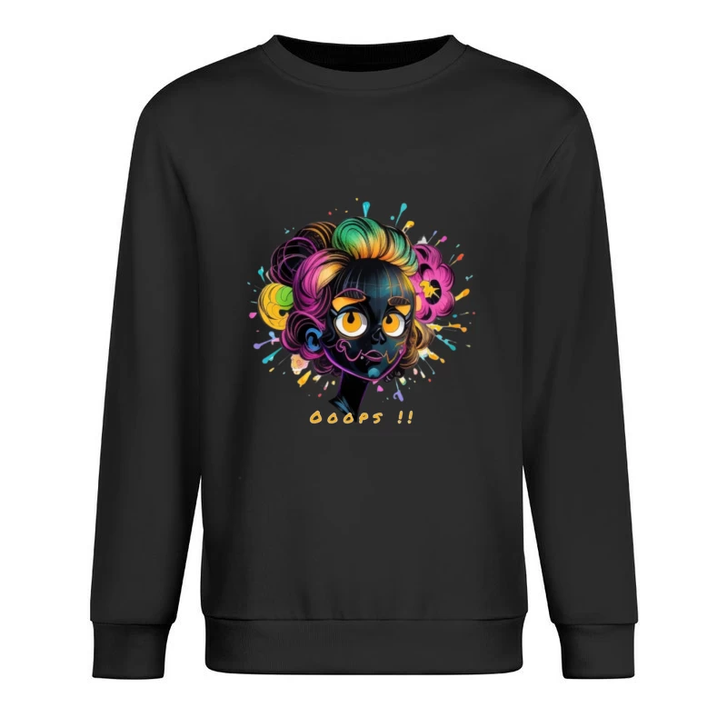 Whimsical Cartoon Character with Rainbow Hair and Paint Splashes Male Pullover Sweatshirt