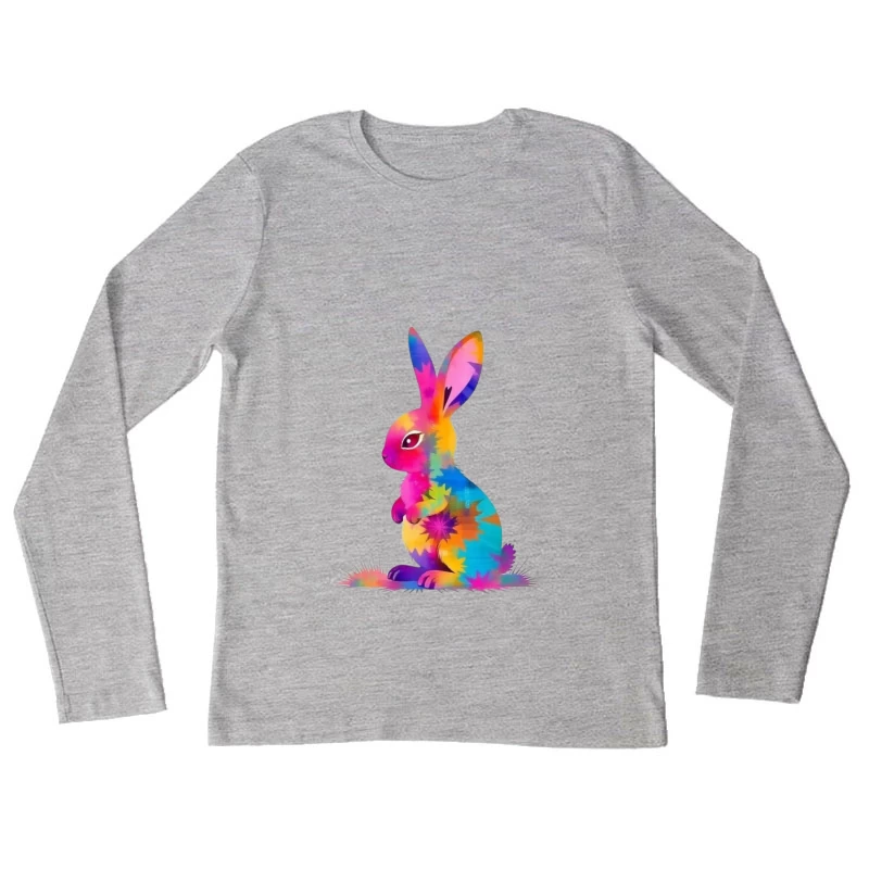 Vibrant Tie-Dye Watercolor Bunny Illustration Female Long Sleeve T-Shirt