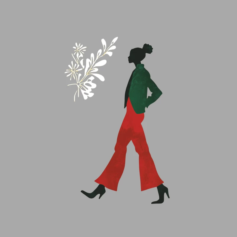 Retro Minimalist Fashion Silhouette: Woman in Green and Red Female Pullover Hoodie