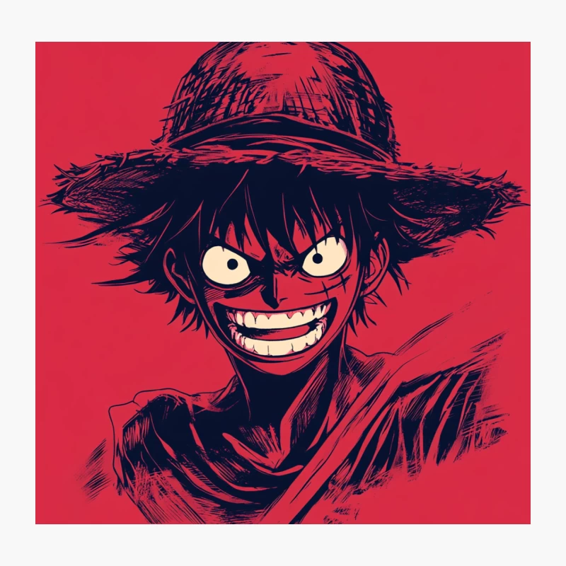 Grinning Straw Hat Anime Character on Red Background Throw Pillow