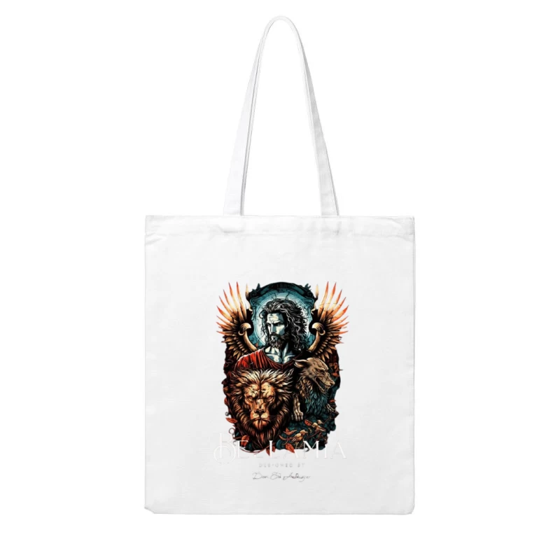 Mystical Religious Gothic Art with Lion and Angel Wings Cotton Tote Bag