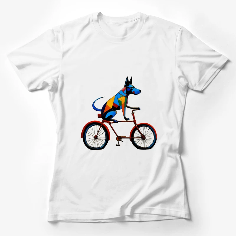 Geometric Colorful Dog Riding Red Bicycle Art Female T-Shirt