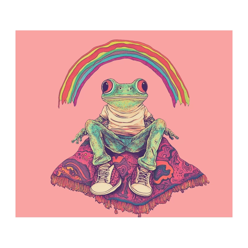 Whimsical Anthropomorphic Frog Under Psychedelic Rainbow Tapestry