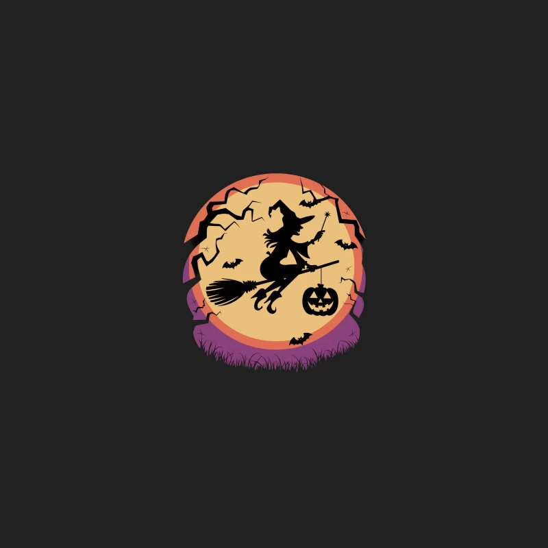 Halloween Night Witch Silhouette with Pumpkin and Bats Under Full Moon Bucket Hat