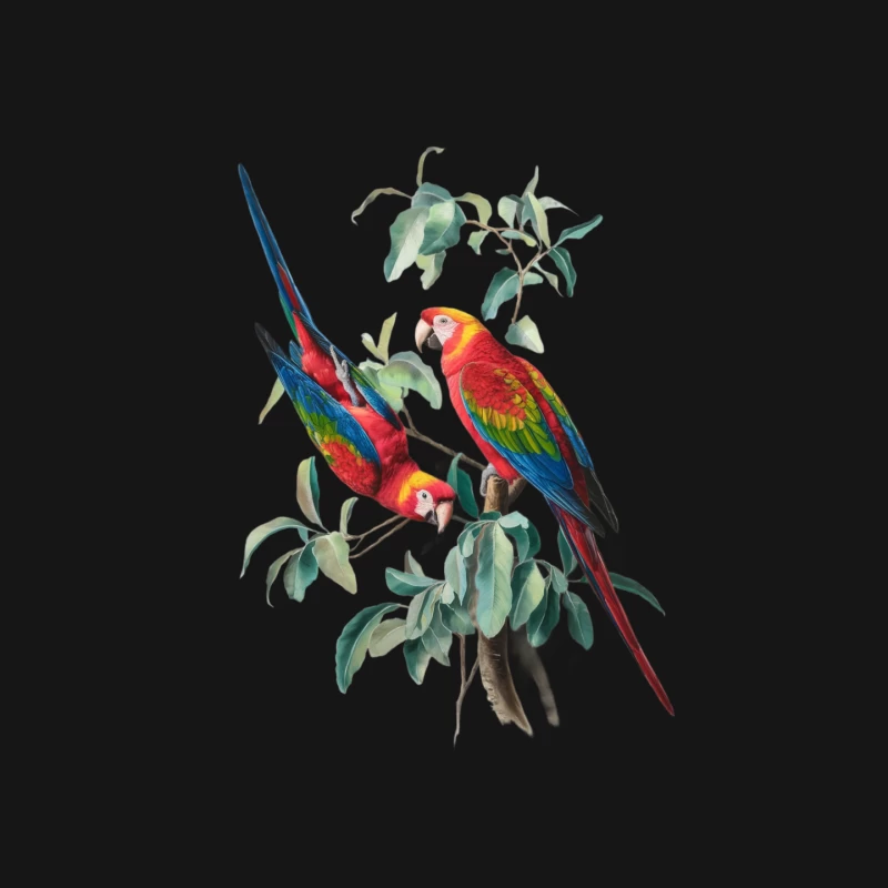 Vibrant Macaws Perched on Leafy Branch: A Tropical Wildlife Illustration Mouse Pad