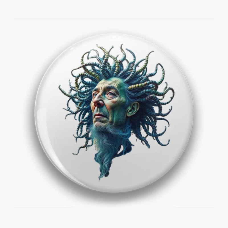 Surreal Medusa-Inspired Portrait with Blue Tentacles Pin