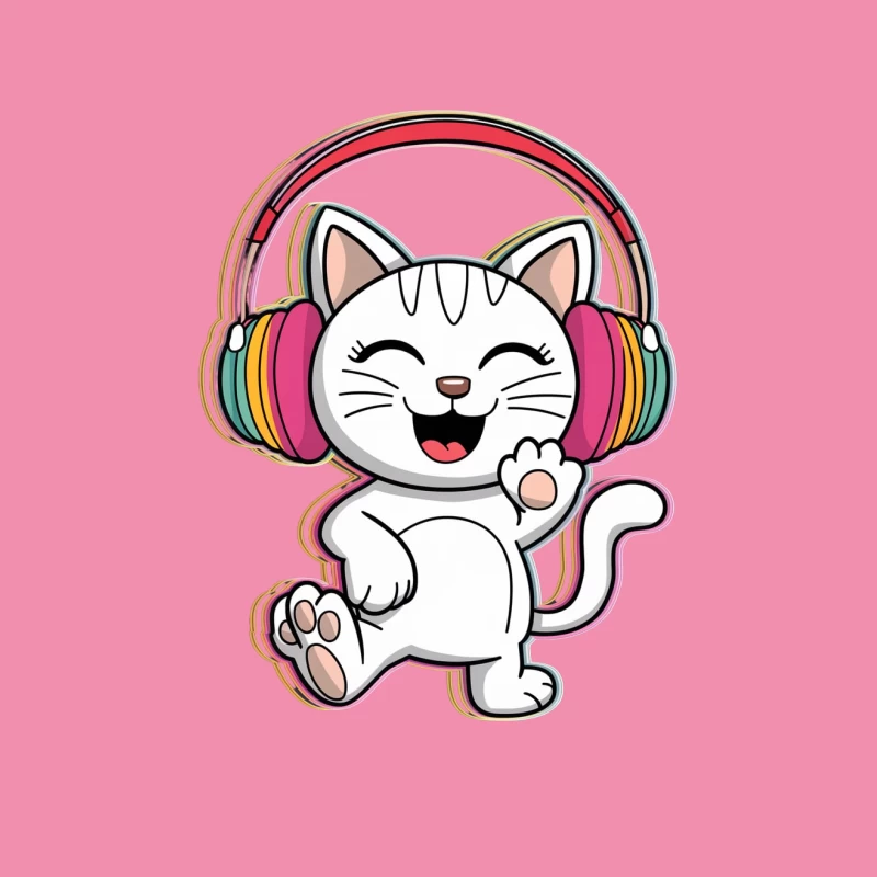Happy Kawaii Cat Dancing with Rainbow Headphones Female T-Shirt