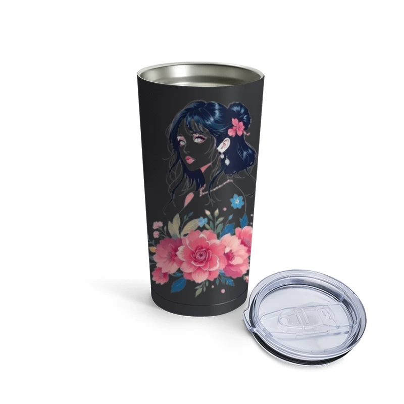 Elegant Anime Portrait with Pink Floral Arrangement Travel Mug