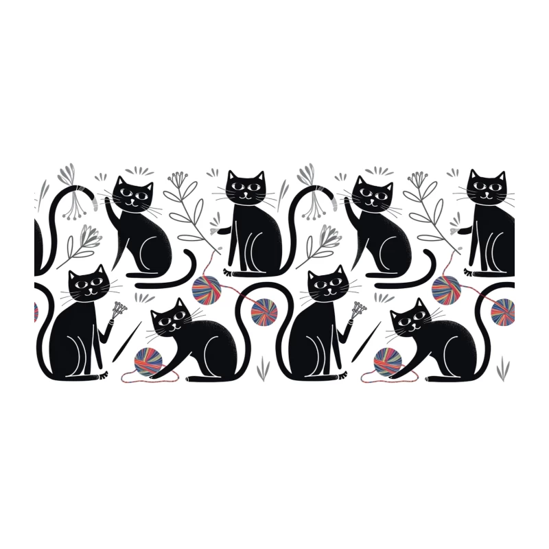 Playful Black Cats with Yarn in Whimsical Floral Pattern Tapestry